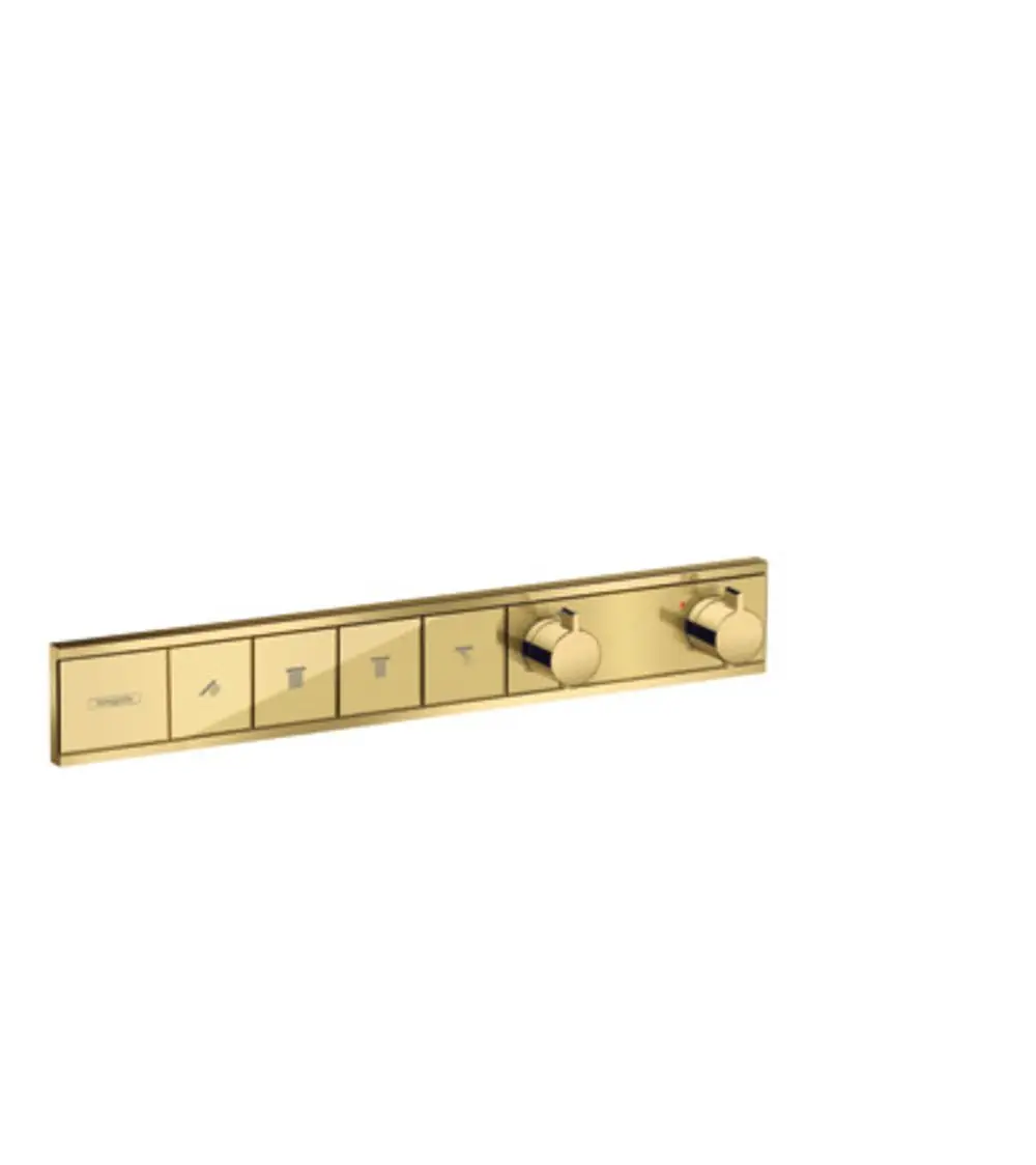 Thermostat-Bedienelement von Hansgrohe in glänzendem Gold, mit zwei Drehreglern und vier Tasten zur Steuerung mehrerer Wasserverbraucher.
